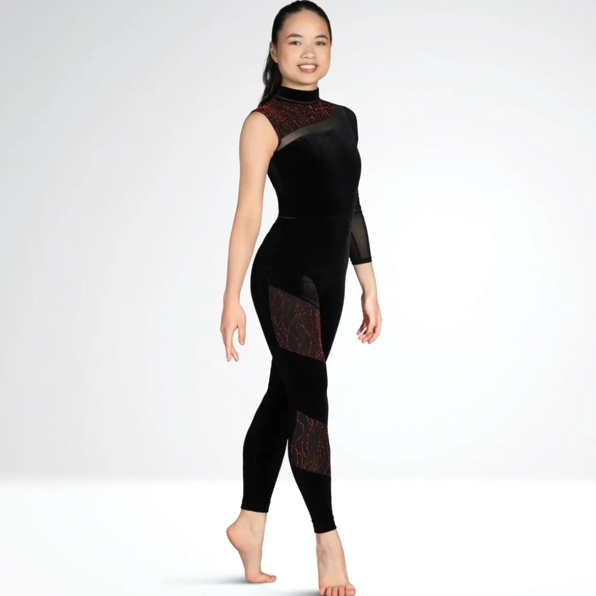 1st Position Asymmetrical Velour and Mesh Panelled Catsuit