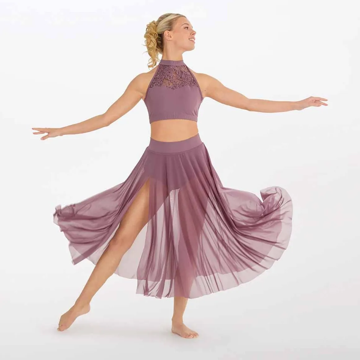 1st Position Halterneck Lace Panel Top with Long Mesh Skirt Lavender