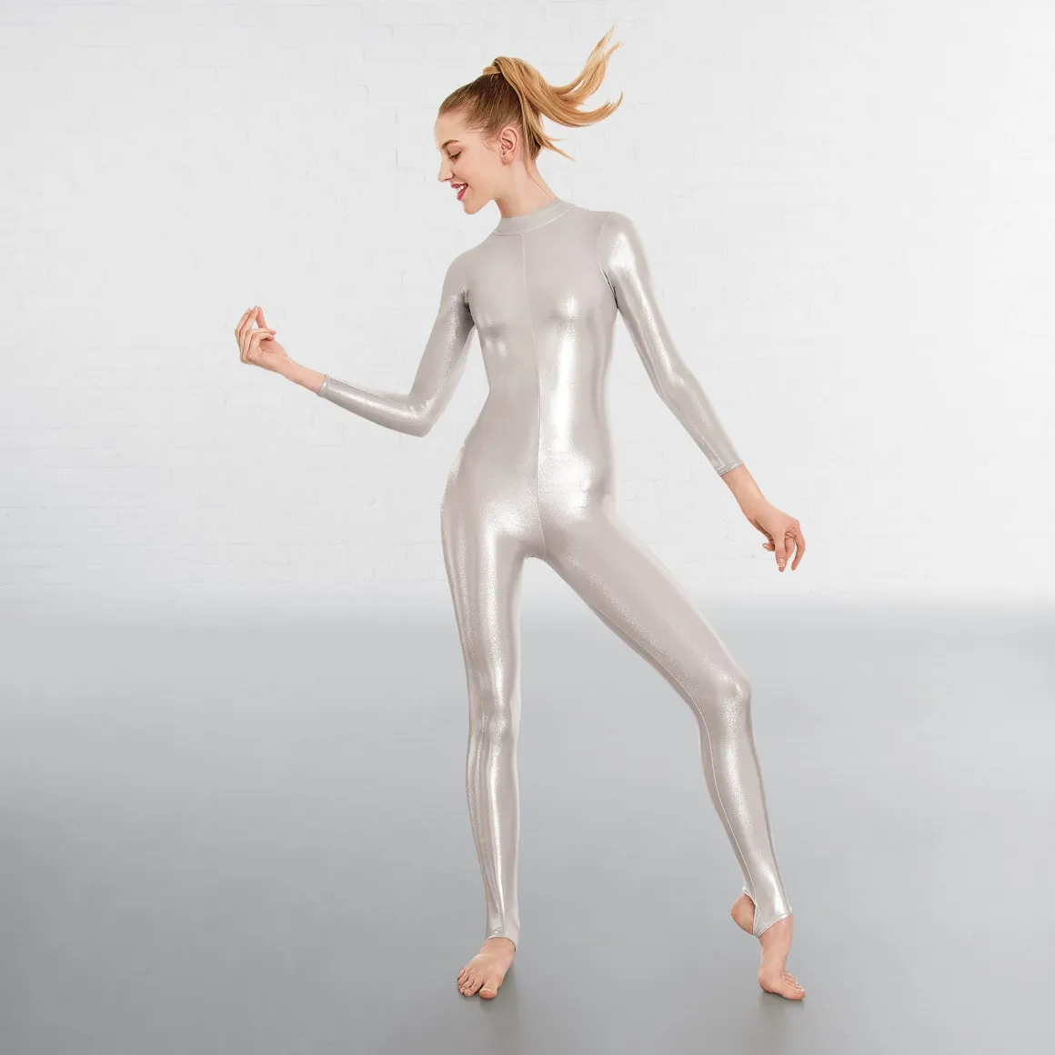 1st Position Toni Silver Long Sleeved Foil Catsuit